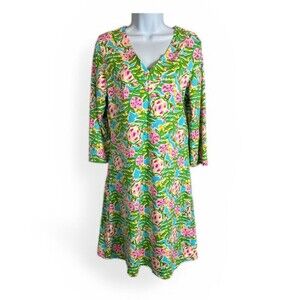 Barbara Gerwit Colorful Turtle Print V-Neck Tunic Dress  Size M  Resortwear